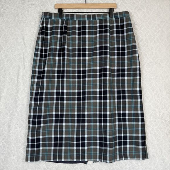Vtg Flannel Midi Skirt 20W Blue Gray Plaid Old Money Preppy Academia 90s Y2K - Picture 1 of 14